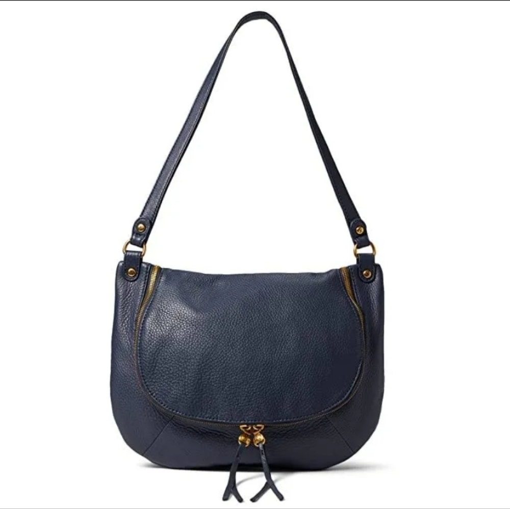 HOBO Fern Medium Pebbled Leather Fold Over Navy Shoulder Bag
